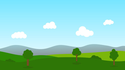 landscape cartoon scene with tree on green hills and white cloud in summer blue sky background