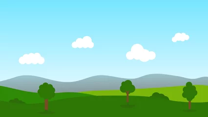 Foto op Plexiglas landscape cartoon scene with tree on green hills and white cloud in summer blue sky background © piggu