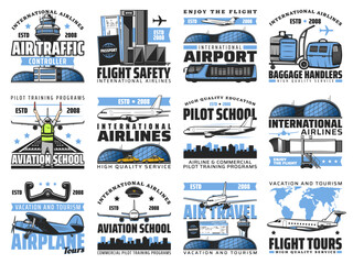Airport and aviation service vector icons set. International airlines baggage handlers, flights safety. Airplane travel, tourism and tours, pilot school, international terminal, air traffic controller
