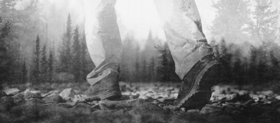 Footsteps in the countryside. Double exposure photo. Black and white toned image