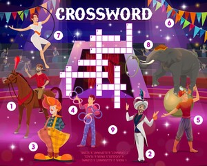 Shapito circus performers on stage, crossword grid worksheet to find word, vector quiz. Kids crossword puzzle or riddle to guess circus clown, illusionist or fakir with gymnast and elephant juggler