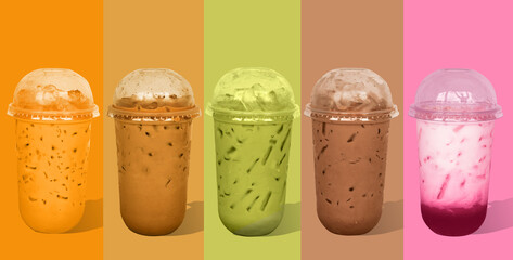Overview of beverages, cold drinks in a cup, take away - obrazy, fototapety, plakaty