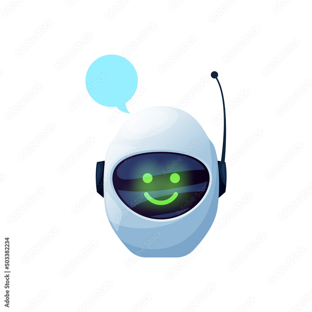 Aufkleber Bot robot or chatbot virtual AI of service support character with antenna and speech bubble above head. Vector online consultant, chat bot with smiling face, digital messenger virtual helper