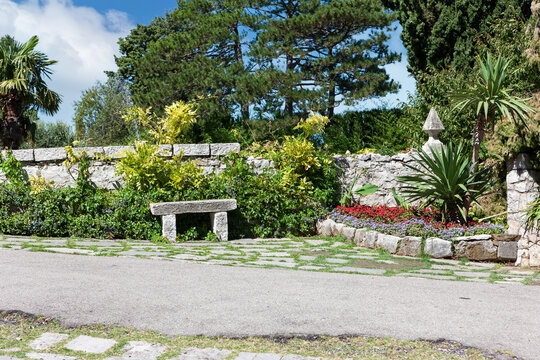 Courtyard of the Gothic Duino Castle on a cliff above the Gulf of Trieste (Adriatic Sea), Italy