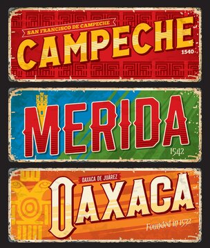 Campeche, Oaxaca, Merida mexican city travel stickers and plates. Mexico vacation travel destination vector sticker or tin sign, North American journey plate or banner with mexican ethnic ornaments