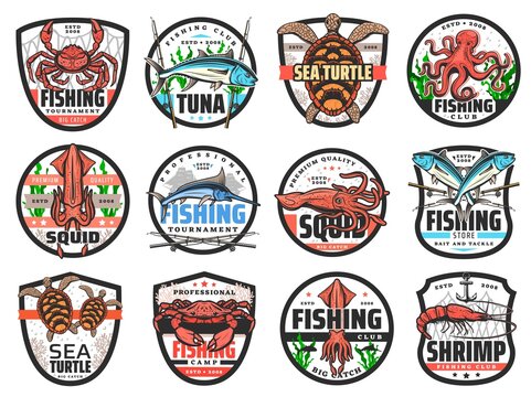 Fishing sport vector badges with isolated icons of fish, seafood, fisherman tackle, fishing boats and net. Tuna, marlin, crab and squid, shrimp, octopus, sea turtles and prawn, fisherman club emblem