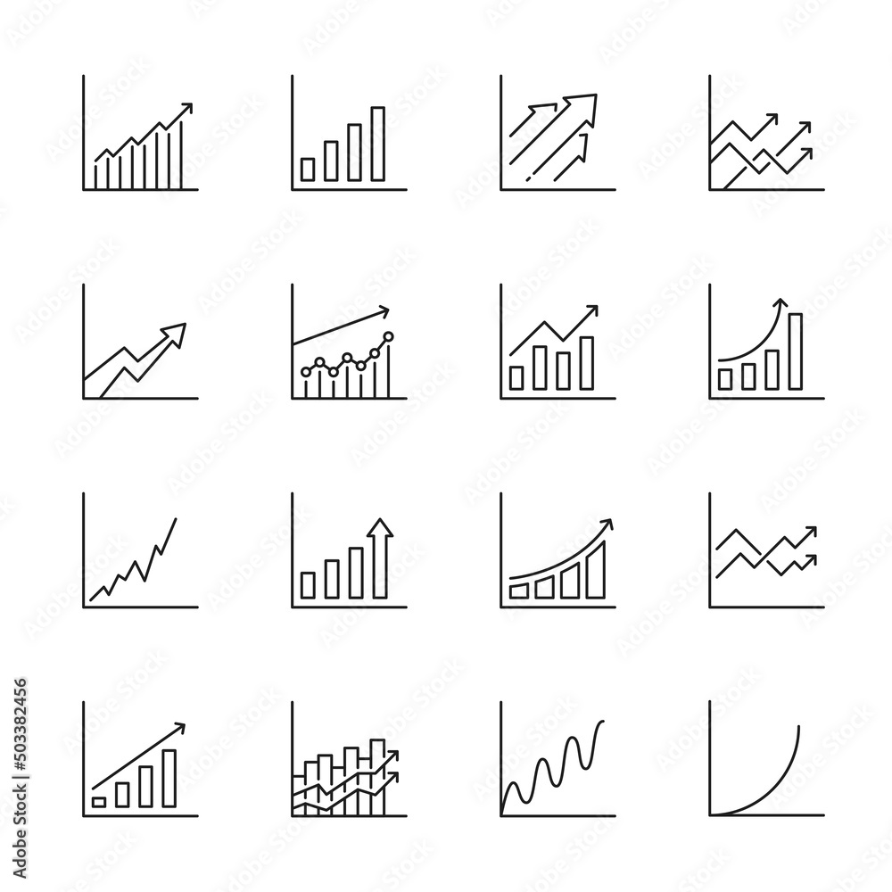 Aufkleber Graph, chart and bar growth icons with increase arrow. Vector line charts and bar graphs with growing data graphics. Business, finance and economy statistic information presentation, profit report