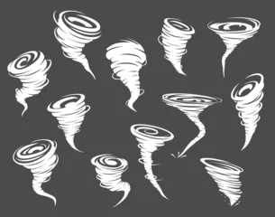 Fotobehang Tornado, storm, whirlwind twister, cyclone whirlpools set. Windy or stormy weather, thunderstorm meteorology forecast vector symbols, blizzard blow, typhoon or hurricane wind white twisters © Vector Tradition