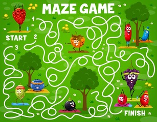 Labyrinth maze game cartoon berry characters on yoga fitness on meadow. Vector strawberry, cloudberry, blueberr and gooseberry, black currant, barberry, rose hip, honeysuckle, cranberry and grapes