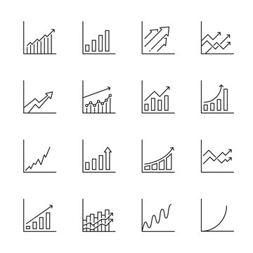 Graph, chart and bar growth icons with increase arrow. Vector line charts and bar graphs with growing data graphics. Business, finance and economy statistic information presentation, profit report