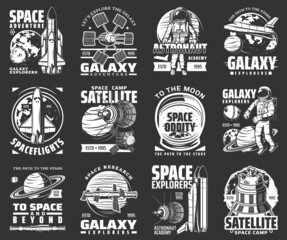 Universe galaxy, outer space astronaut rockets and spaceship explorers, vector icons. Galaxy adventure and space flights to moon and mars planets and satellites, astronauts and spaceman academy signs