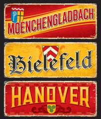 Hanover, Bielefeld, Moenchengladbach german city travel stickers and plates. European travel grungy sticker, Germany city tourism nostalgic tin sign or vintage banner with city Coat of Arms and flags