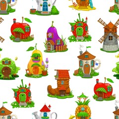 Cartoon fairytale houses and dwellings seamless pattern. Vector fantasy background with cherry, eggplant, pear, boot and strawberry, teapot, cup, windmill or pineapple and cabbage cute fairy buildings