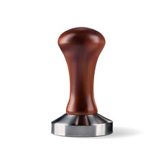 Realistic coffee tamper, vector tool. Coffee tamper with wooden handle, coffee maker portafilter press tamp, realistic 3d isolated object