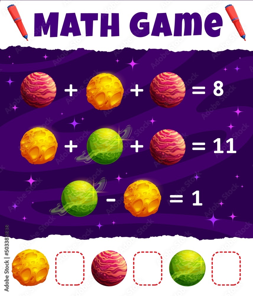 Poster math game worksheet, cartoon space planets and stars, education maze. vector puzzle for numeracy and