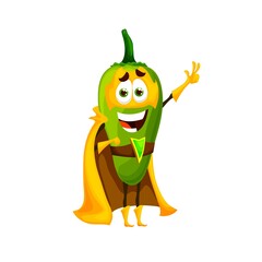 Cartoon mexican green jalapeno pepper superhero character. Funny vector chilli vegetable in yellow super hero cloak and mask show peace symbol. Fairytale menu personage, isolated powerful spice hero