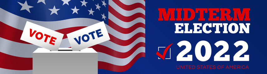 Midterm election 2022   USA voting ballot box  banner design vector illustration