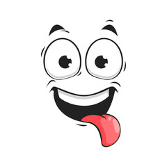 Cartoon wow face, happy smile vector emoji with open mouth and long sticking tongue. Funny facial expression with goggle eyes. Glad character, positive feelings isolated on white background