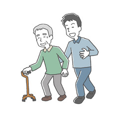 高齢男性の歩行を介助する若い男性