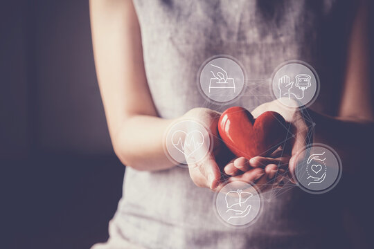 woman hands holding red heart with health insurance, donation and charity icons concept