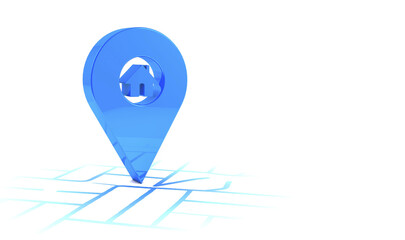Marker 3d icon, blue location - route gps position navigator sign and 3d house icon, route map pointer symbol, travel navigation - streets, white background