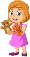 Cartoon little girl playing animals puppet