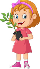 Cute little girl holding plants in pot
