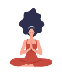 Beautiful yoga girl vector icon. The girl meditates in the lotus position against the background of the sky, grass and a rainbow. Symbol of healthy lifestyle, fitness, mind balance. Flat cartoon