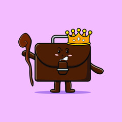 Cute cartoon suitcase mascot as wise king with golden crown and wooden stick
