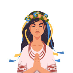 sad ukrainian woman in traditional costume with wreath of blue yellow flowers pray for Ukraine peace save Ukraine from russia