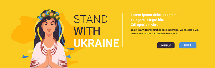 sad ukrainian woman in traditional costume with wreath of blue yellow flowers on head pray for Ukraine peace