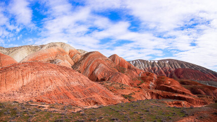Fototapeta premium Mountains with red stripes. Khizi region. Azerbaijan.