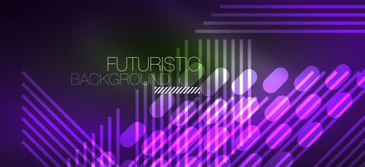 Background neon glowing lines and geometric shapes. Lights in the dark wallpaper for concept of AI technology, blockchain, digital, communication, 5G, science