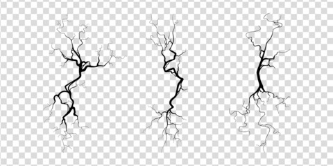 Crack on concrete or ground due to aging or drought. Set of fissures isolated in transparent background. Monochrome vector illustration