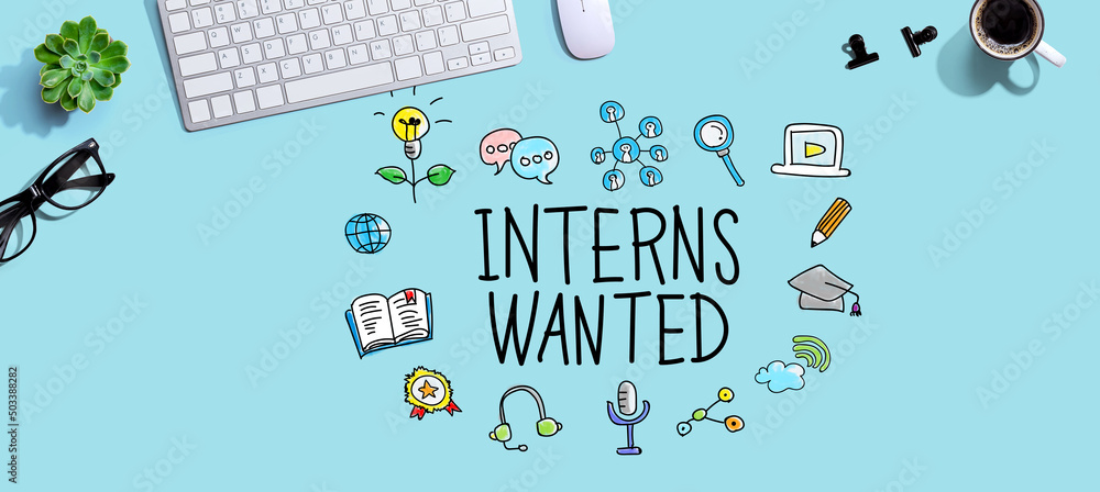 Poster interns wanted with a computer keyboard and a mouse