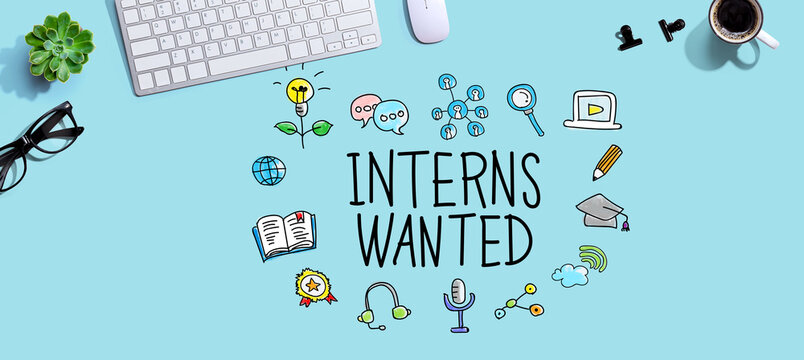 Interns Wanted with a computer keyboard and a mouse