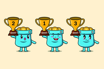 Set of cute cartoon pocket holding trophy with happy expression in 3d modern style design