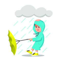 Boy in the middle of a rainstorm holding his umbrella that was about to fall out of hand