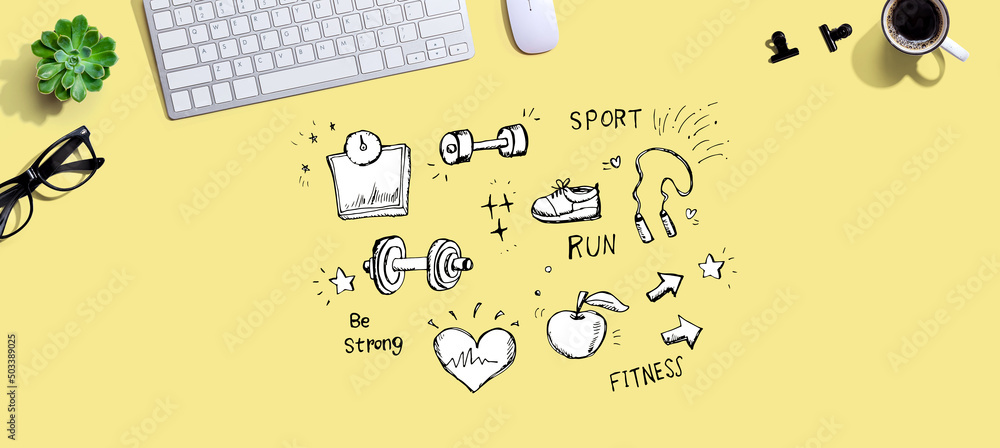 Poster fitness and diet with a computer keyboard and a mouse