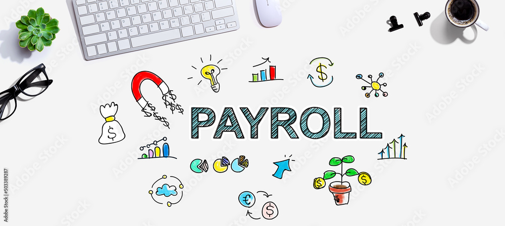 Aufkleber payroll with a computer keyboard and a mouse