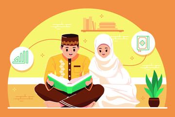 cute islamic couple reading a quran together