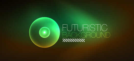 Shiny neon geometric abstract background. Glowing lights on round shapes, triangles and circles. Wallpaper for concept of AI technology, blockchain, communication, 5G, science, business