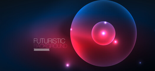 Shiny neon geometric abstract background. Glowing lights on round shapes, triangles and circles. Wallpaper for concept of AI technology, blockchain, communication, 5G, science, business