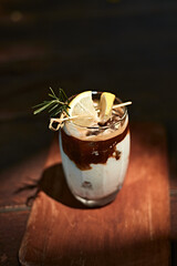 Iced latte coffee in a glass with cold milk