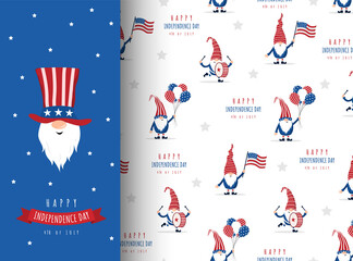 Cute pattern with patriotic american gnomes. Independence day in the United States. National freedom day. Vector illustration in cartoon style. Perfect for fabric, package paper, wallpaper, cards.
