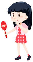 A girl holding hand mirror on white background
