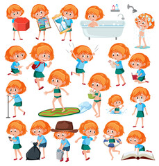 Set of girls doing activitys on white  background