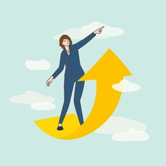 Business people pointing forward on an upward arrow in the sky. Business concept. Hand draw style. Vector illustration.