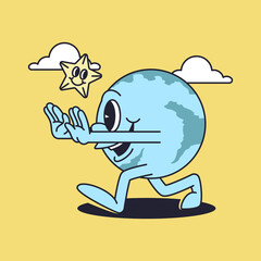 Retro globe cartoon mascot character. Happy vintage walking earth mascot illustration.