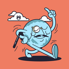 Retro globe cartoon mascot character. Happy vintage walking earth mascot illustration.